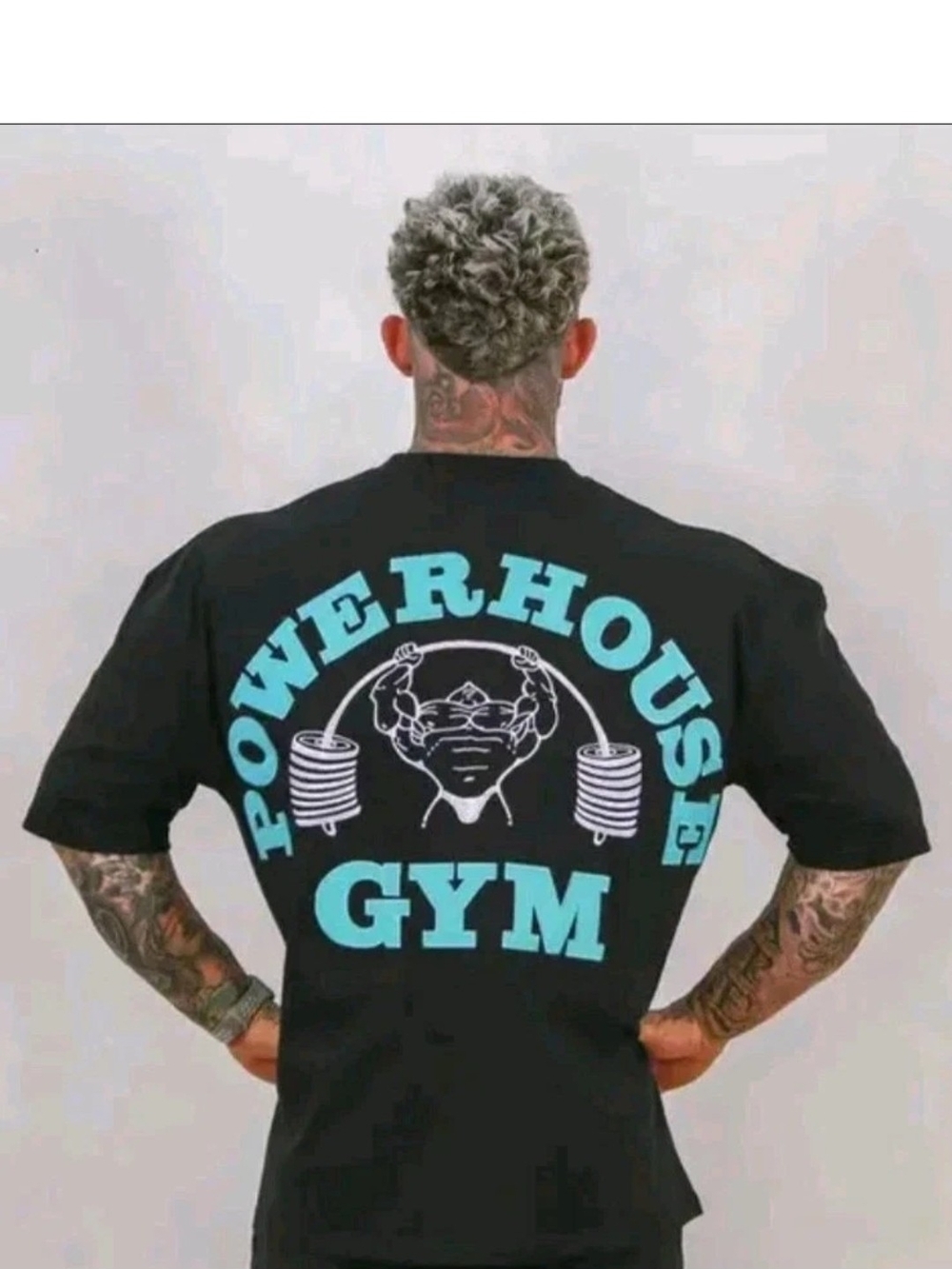 NWT Powerhouse Gym Graphic T-Shirt MenBlack Short-Sleeve Tee with Teal Back Logo